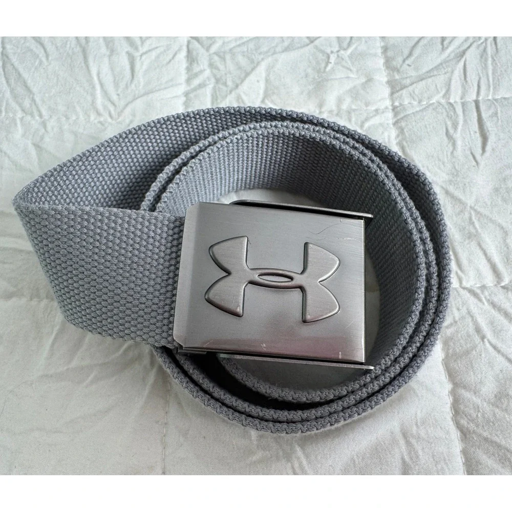 Under Armour Gray Webbed Canvas Golf Belt Metal Logo Buckle Adjustable M/L